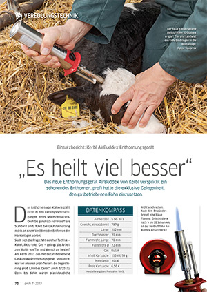 Erste Seite Einsatzbericht: Enthornungsgerät Kerbl AirBuddex. In: PROFI Magazin für professionelle Agrartechnik, Juli 2022, Landwirtschaftsverlag GmbH, Münster