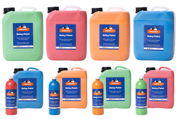 Daisy Paint Brunsterkennungsfarbe in den Farben Blau, Rot, Grün und Orange in Flaschen und Kanistern