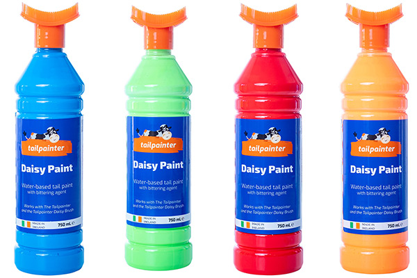Brunsterkennungsfarbe mit Bürste Daisy Paint in den Farben Blau, Rot, Orange und Grün